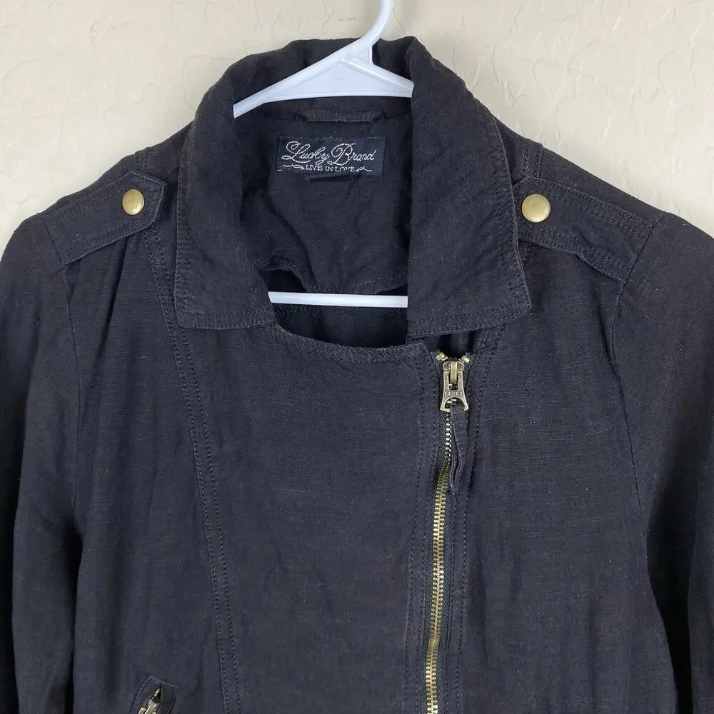 Lucky Brand Womens Linen Blend Moto Biker Jacket Black Sz S Grunge Streetwear - Picture 4 of 11